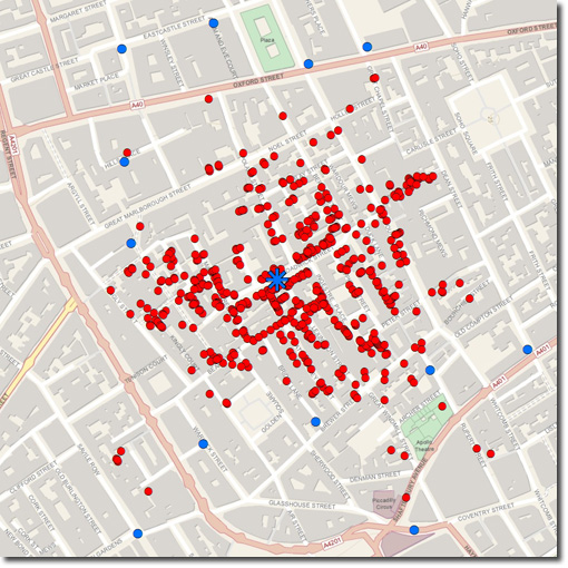 Locations of water pumps and cholera deaths